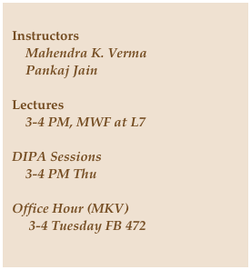 Instructors
    Mahendra K. Verma
    Pankaj Jain

Lectures
    3-4 PM, MWF at L7

DIPA Sessions
    3-4 PM Thu
 
Office Hour (MKV)
     3-4 Tuesday FB 472

Contact
    mkv@iitk.ac.in
    Ph 7396