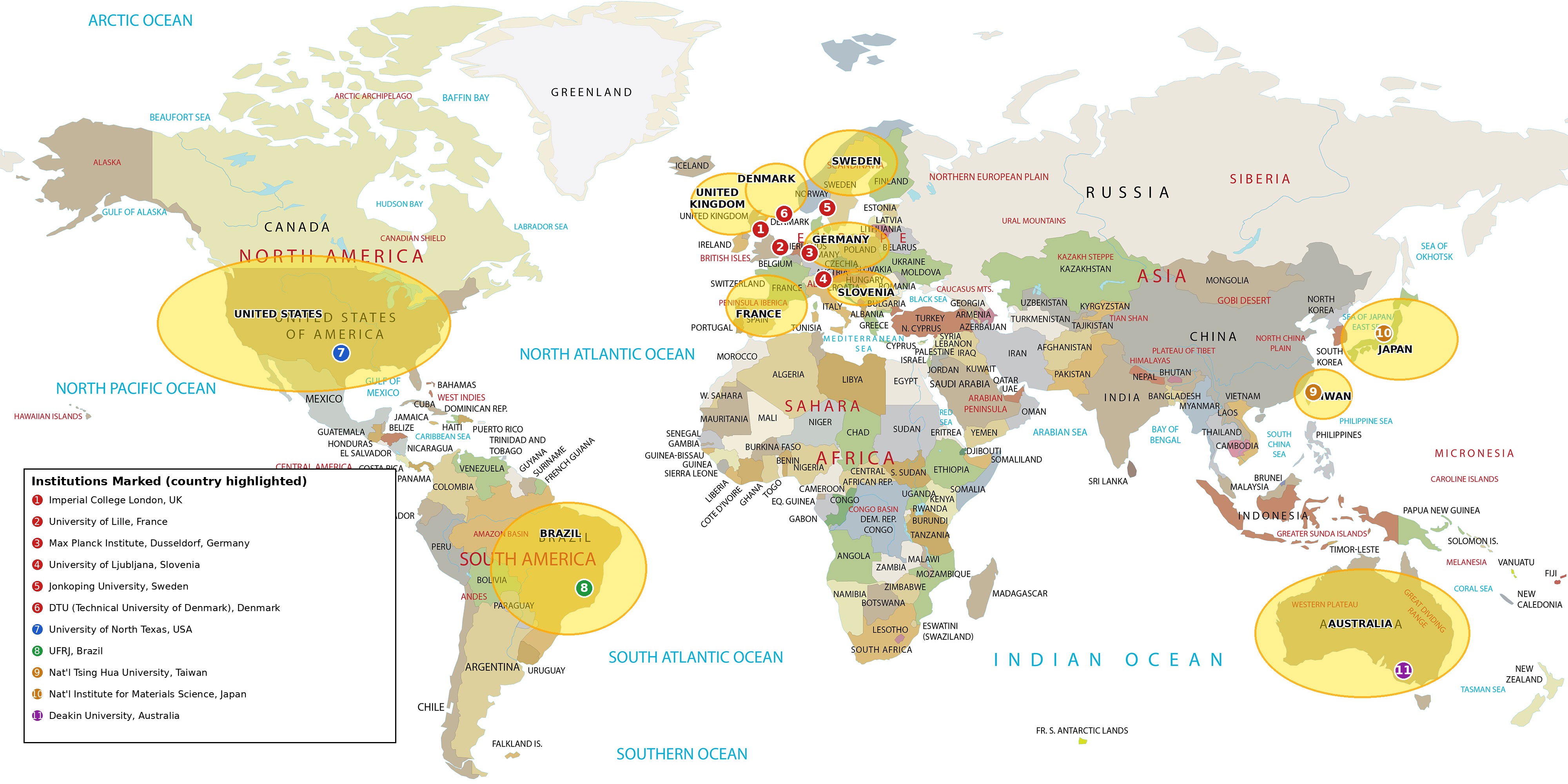 World map showing institutions of international collaborators