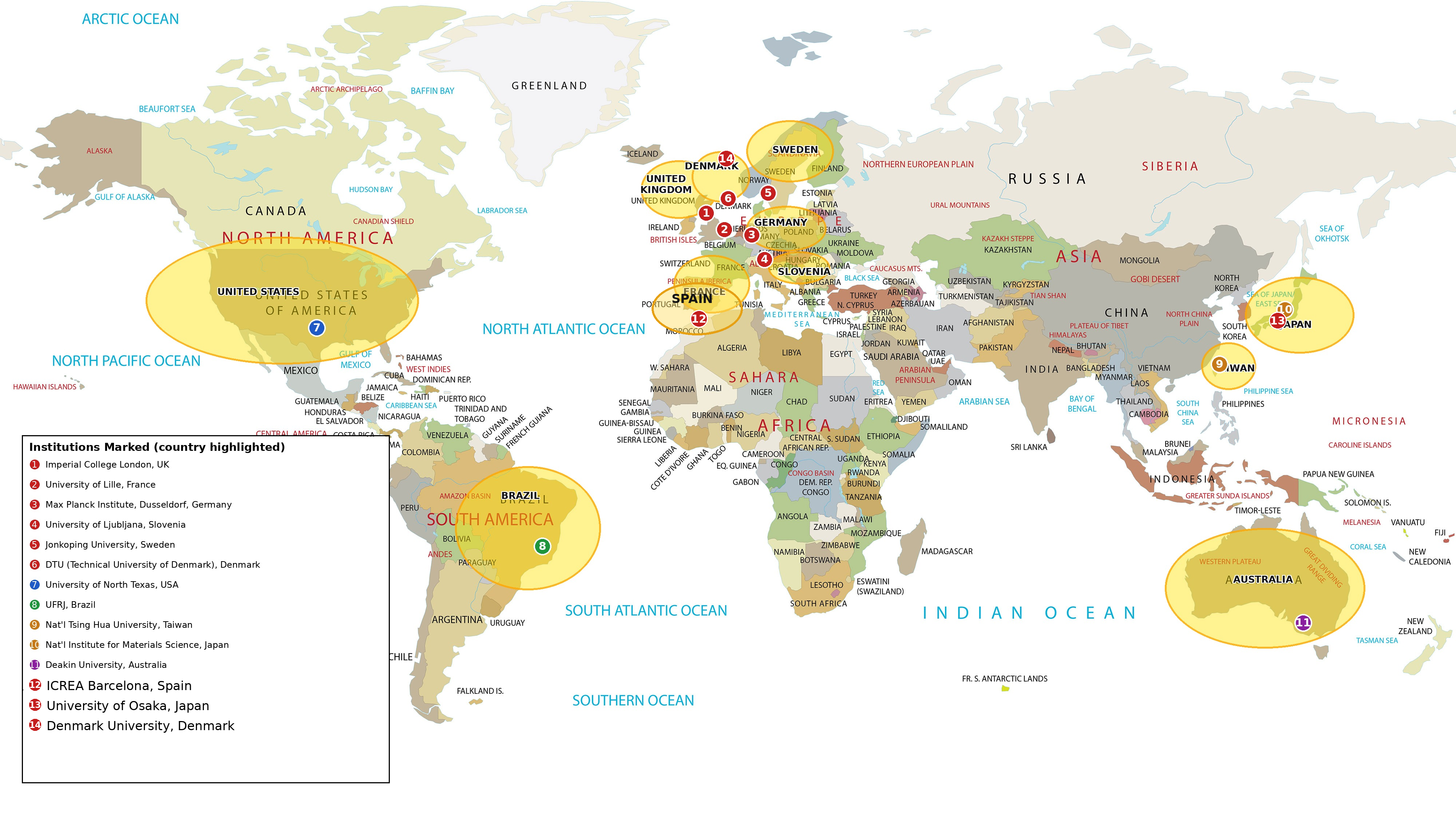 World map showing institutions of international collaborators