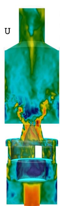 Velocity magnitude through the PRECCINSTA plenum, swirler, nozzle and combustion chamber