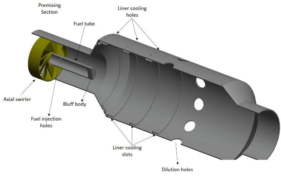 Cutaway CAD model of the micro gas turbine combustor showing swirler, bluff body, fuel tube and dilution holes